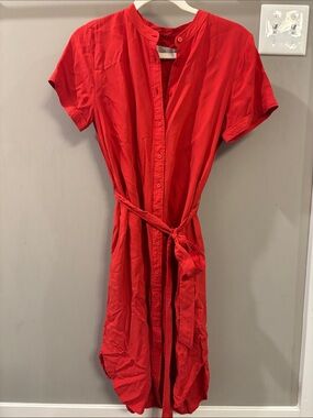 LOFT Red Button-Front Midi Shirt Dress with Tie Waist